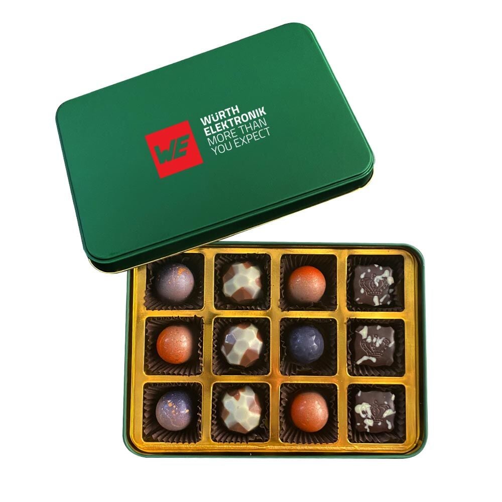Koyu Yeşil Küçük Boy Dikdörtgen Metal Kutuda 12 adet Spesiyal Çikolata