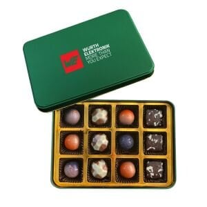 Koyu Yeşil Küçük Boy Dikdörtgen Metal Kutuda 12 adet Spesiyal Çikolata